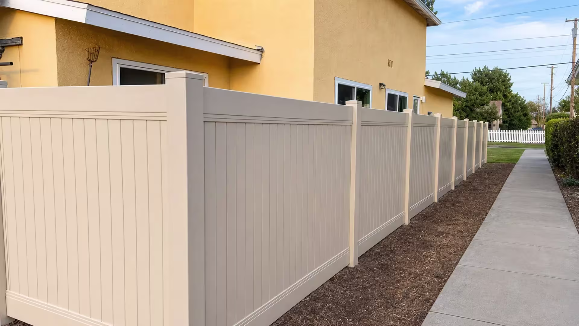 A Tan vinyl vertical privacy fence rounds an L-shaped corner near a distant white picket fence