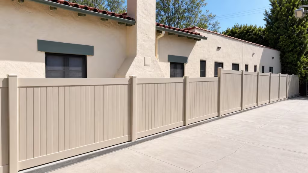 Tan vinyl vertical privacy fence angling beside a concrete driveway and a cream stucco house