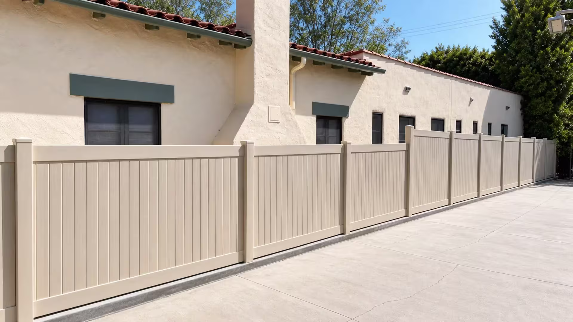 Tan vinyl vertical privacy fence angling beside a concrete driveway and a cream stucco house