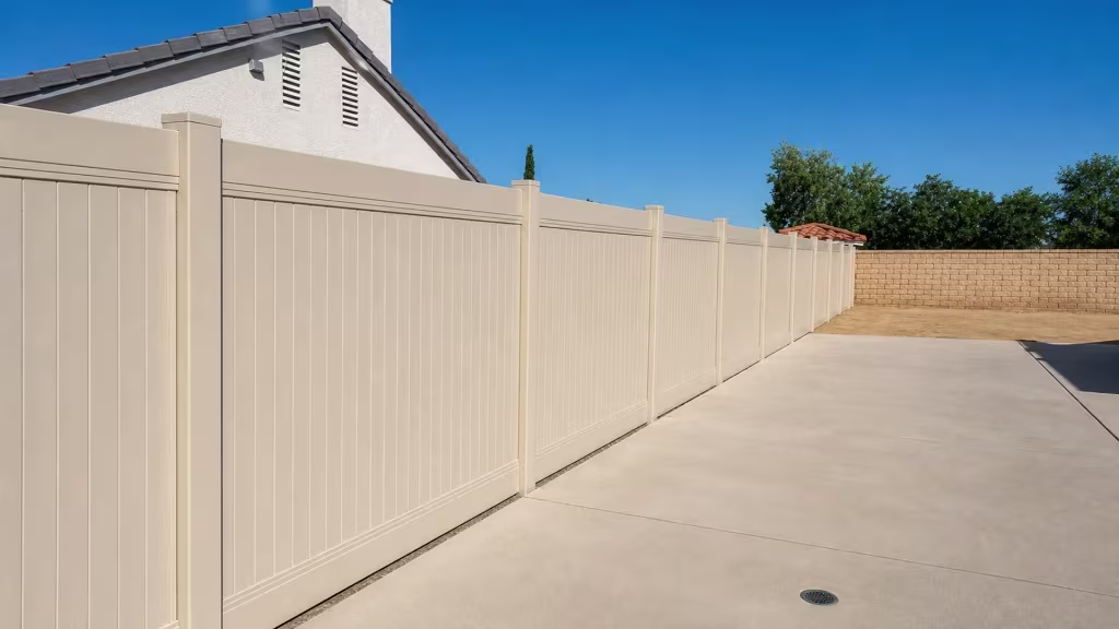 A Tan vinyl vertical privacy fence stands against a matching Tan masonry wall near a tile roofed structure