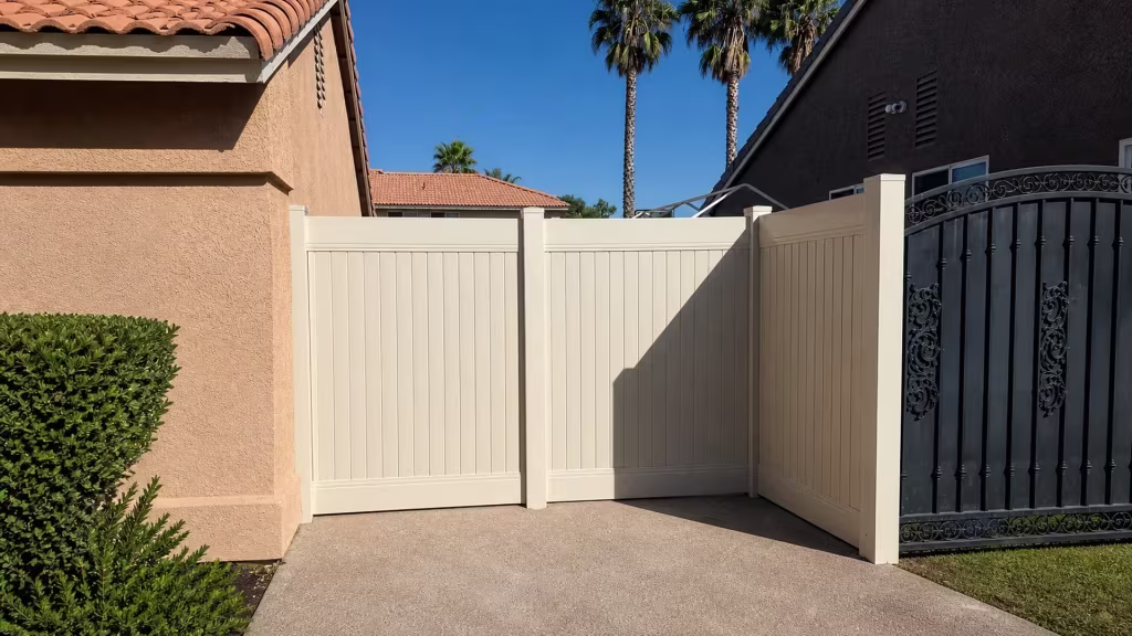 Tan vinyl vertical privacy fence turning a corner between a peach stucco house and a darker stucco house