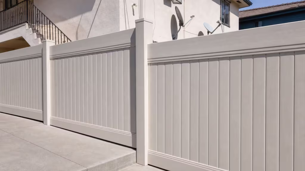 Stepped Tan vinyl vertical privacy fence panels track sloped ground beside a stucco staircase and railing