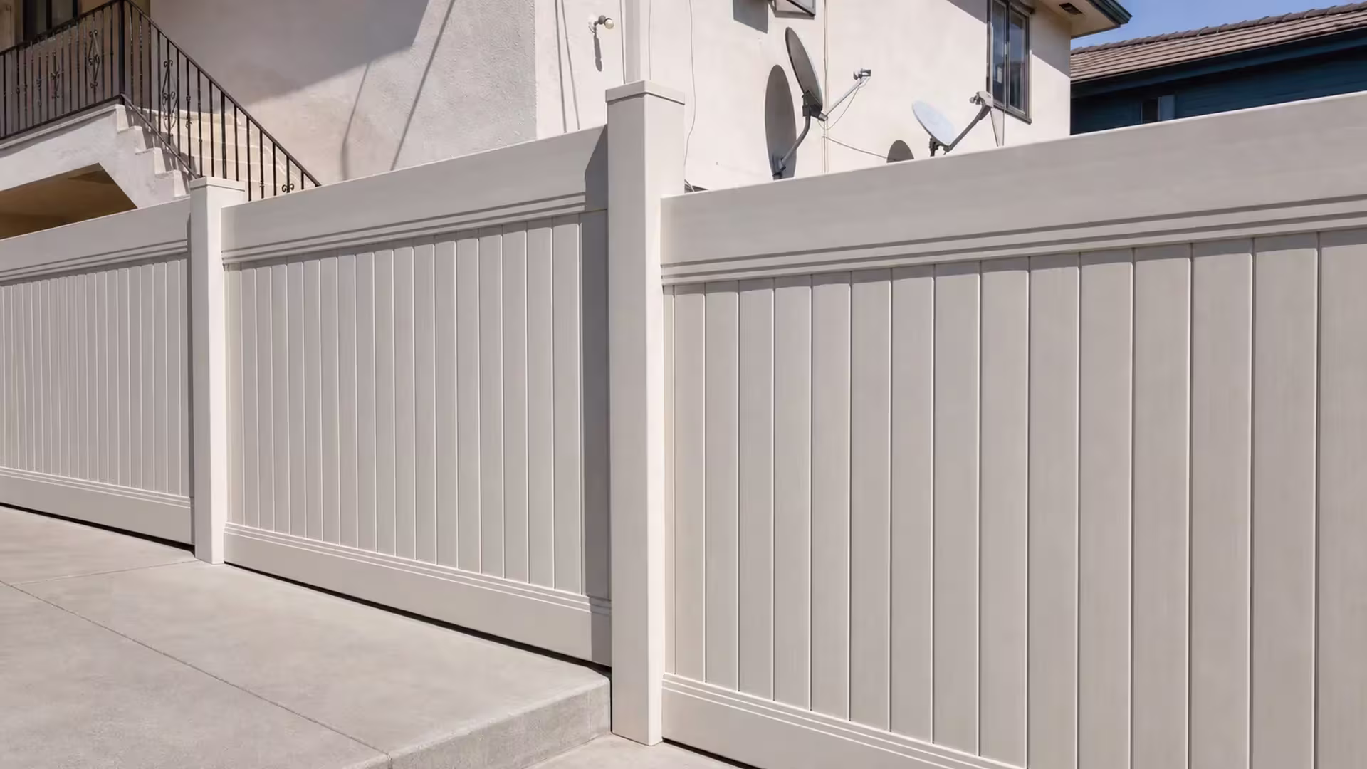Stepped Tan vinyl vertical privacy fence panels track sloped ground beside a stucco staircase and railing