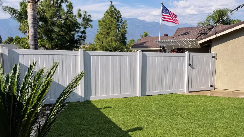 Weathered Aspen vinyl vertical privacy fence and pedestrian gate framing a lawn below a mountain backdrop and flagpole