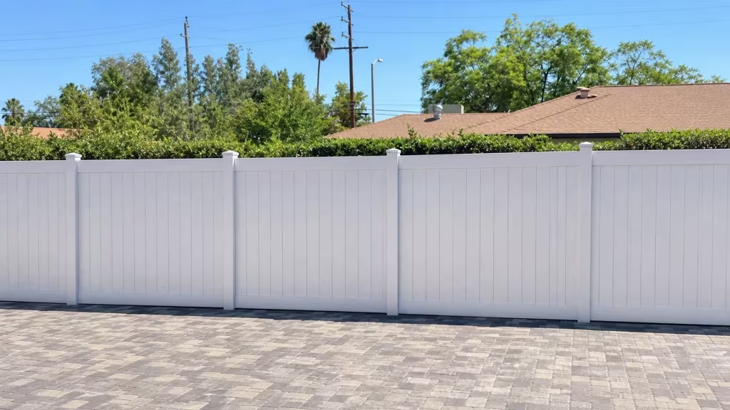 White vinyl vertical privacy fence sits against a hedge below a tan shingle roofline