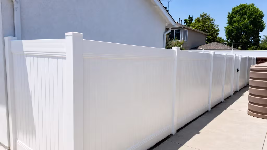 White vinyl vertical privacy fence angles past a brown ribbed storage tank toward a distant gate