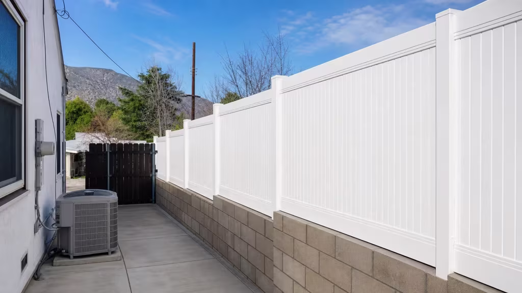 White vinyl vertical privacy fence sitting atop a tan and gray concrete block wall as it steps toward the rear yard