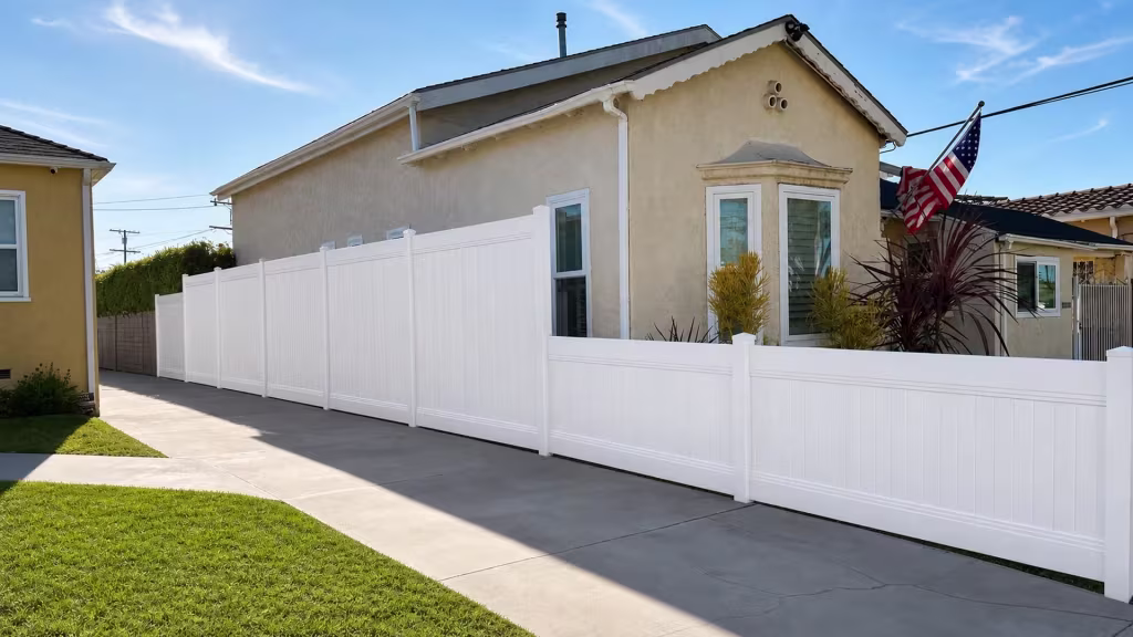 A flag marks the stucco house where this White vinyl vertical privacy fence climbs into a taller driveway section