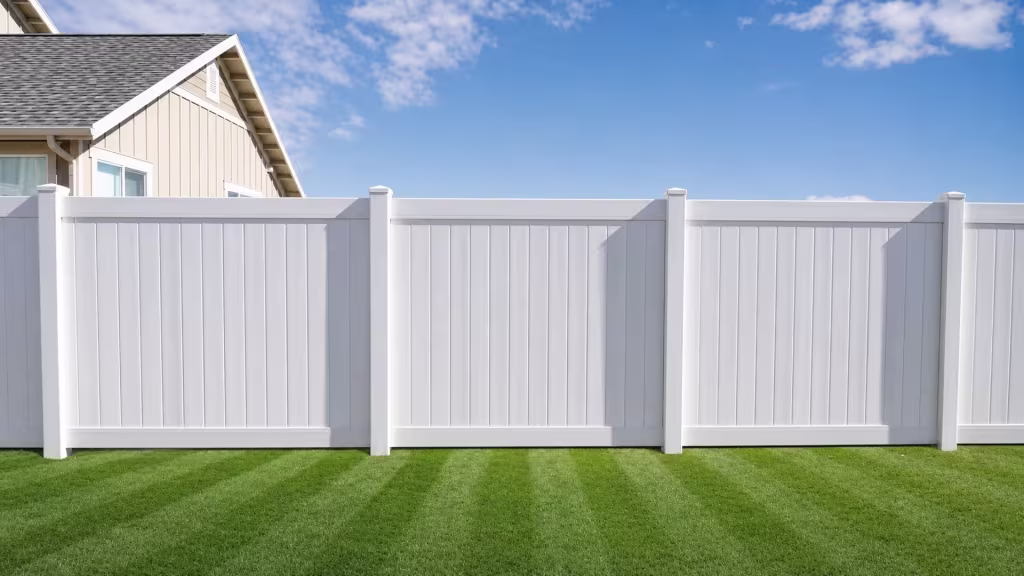 Three White vinyl vertical privacy fence bays stand before a light colored house under open sky
