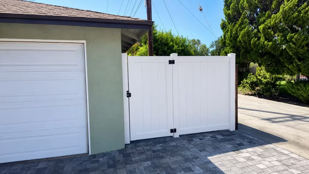 Narrow gate leaf and wider White vinyl vertical privacy fence section stand beside a pale green detached garage