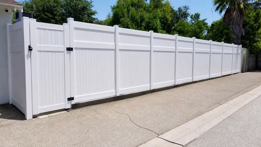 Short White vinyl vertical privacy fence return joins the house near the cracked driveway and curb edge
