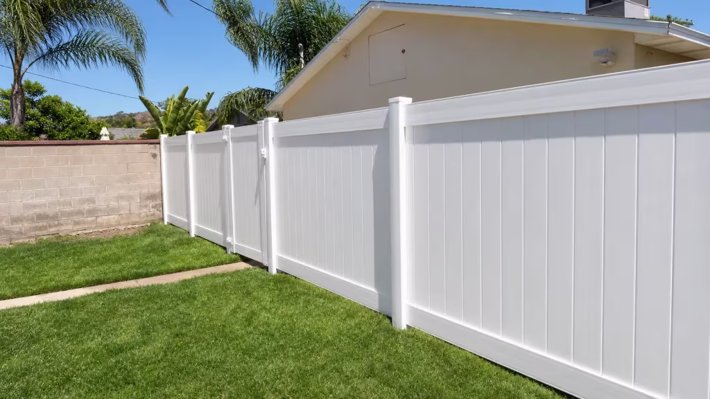 Small gate section with hinge and latch hardware breaks this White vinyl vertical privacy fence along a concrete block wall