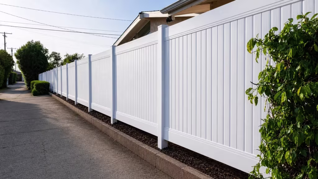 Nine panel bays of White vinyl vertical privacy fence run beside a raised masonry and soil border