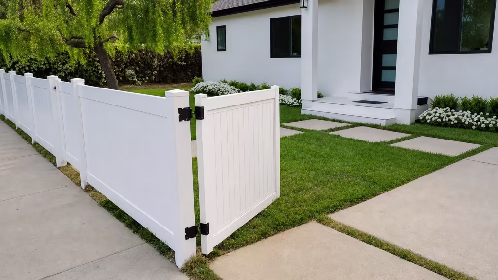 Solid White vinyl vertical privacy fence breaks for a single pedestrian gate along a front yard sidewalk