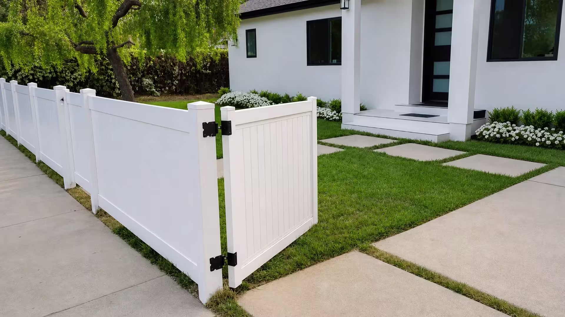 Solid White vinyl vertical privacy fence breaks for a single pedestrian gate along a front yard sidewalk