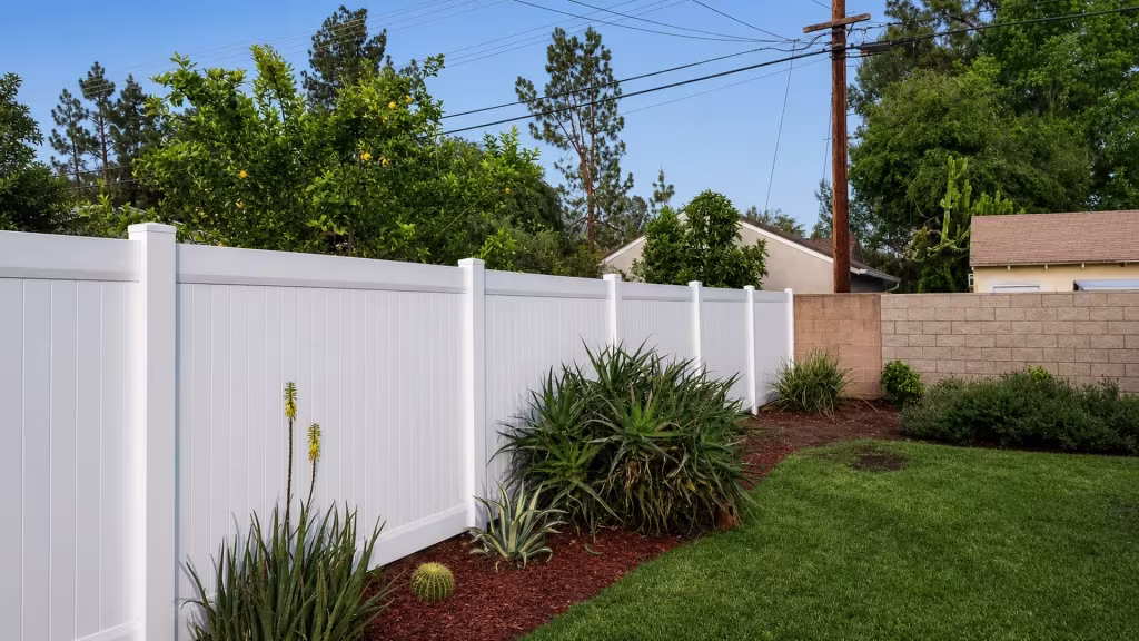Straight White vinyl vertical privacy fence ends at an existing tan block wall near a red mulch bed