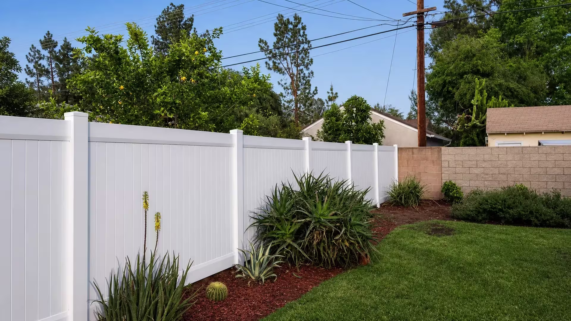 Straight White vinyl vertical privacy fence ends at an existing tan block wall near a red mulch bed