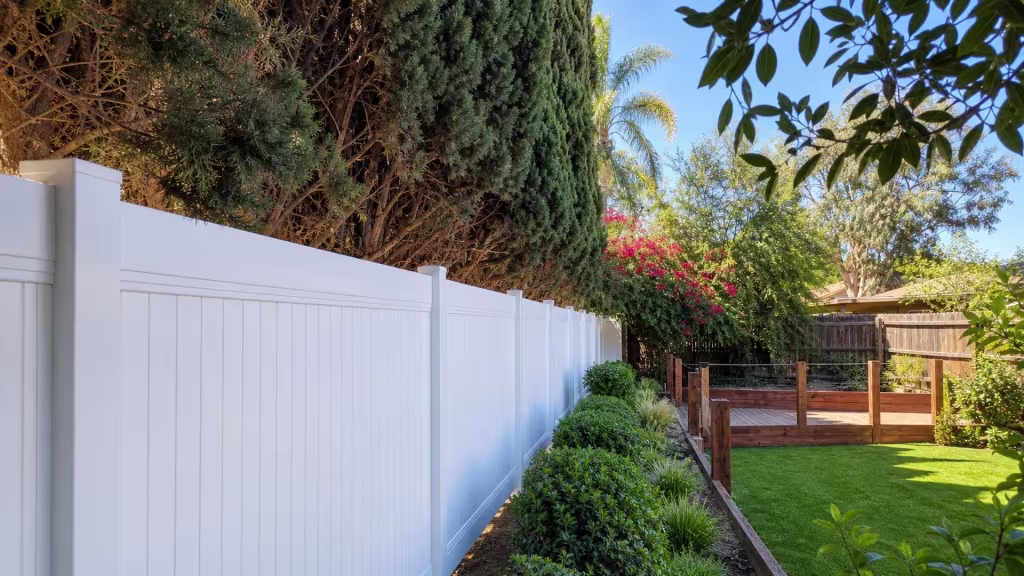 Tight White vinyl vertical privacy fence skirts a timber-edged deck beneath cypress and palm trees
