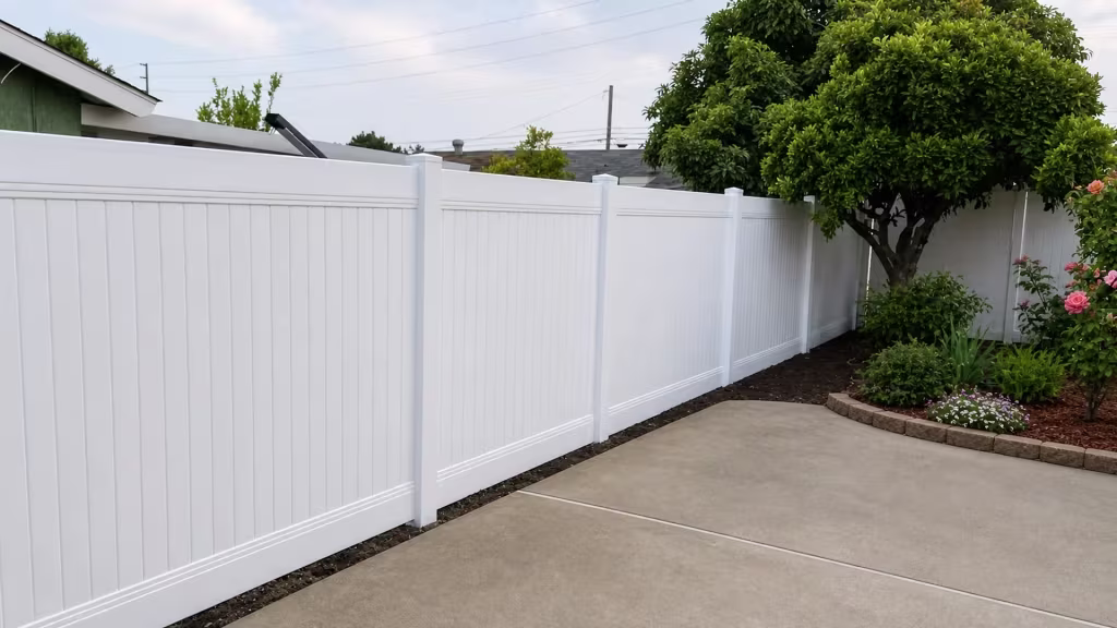 Clean White vinyl vertical privacy fence abuts a concrete patio beneath a mature shade tree