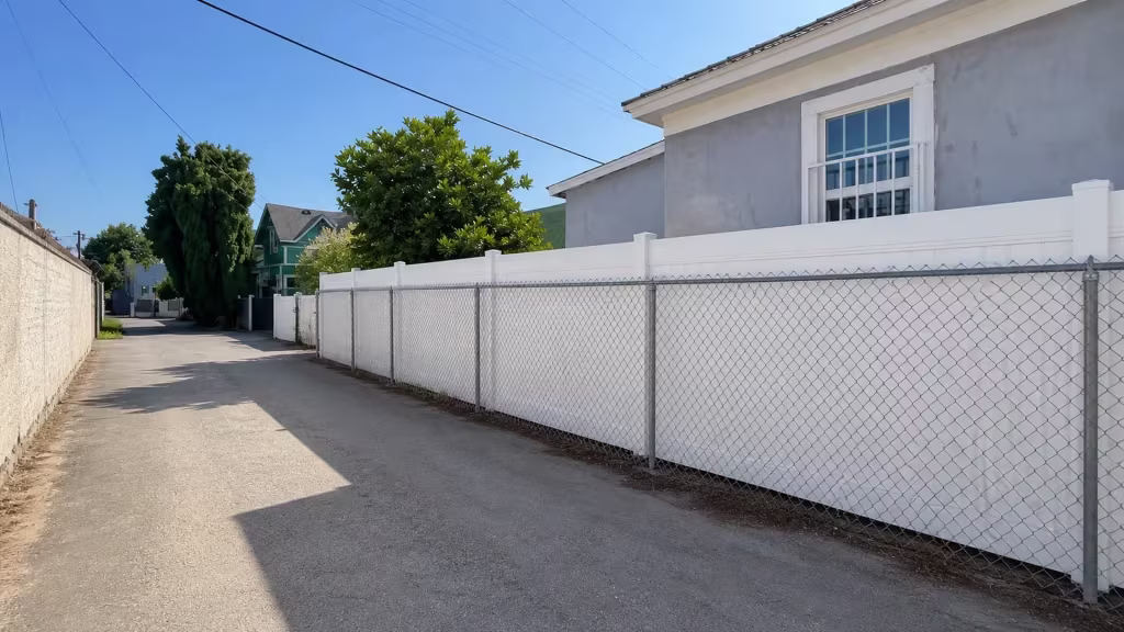 White vinyl privacy fence and older chain-link run parallel past overhead cables and mature trees in Lincoln Heights
