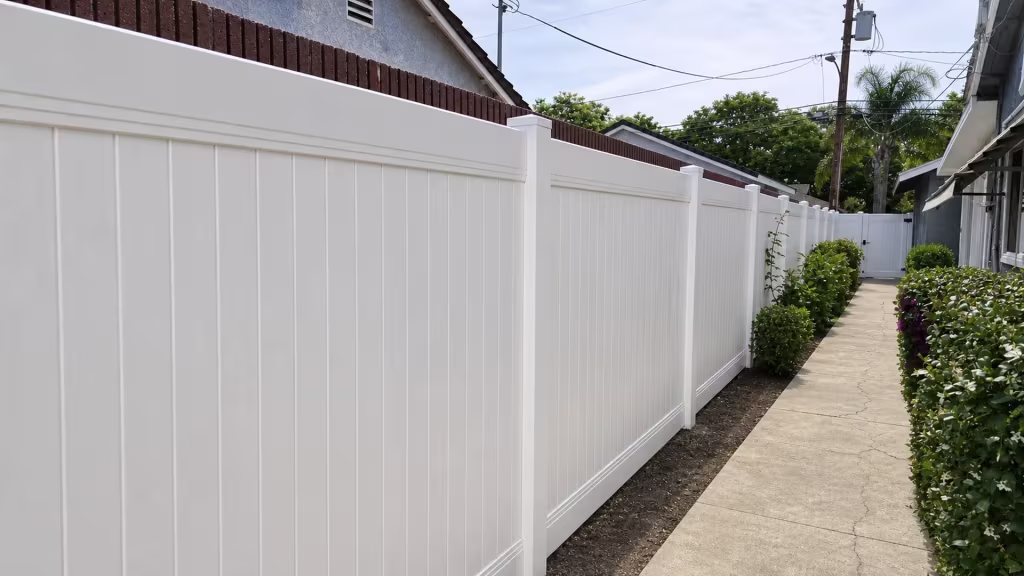 A Long Beach walkway runs beside a brick-topped masonry wall, with this White vinyl privacy fence keeping a level top line