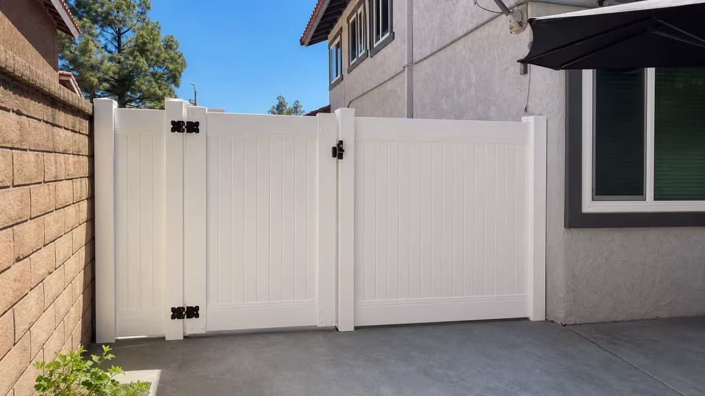 A satellite dish and exterior conduit mark the stucco house wall in Simi Valley, beside this White vinyl fence and gate