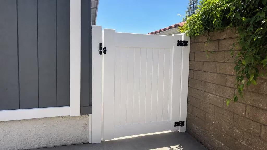 Blue sky frames this White vinyl privacy gate matching the fence between a house wall and a block wall in Simi Valley