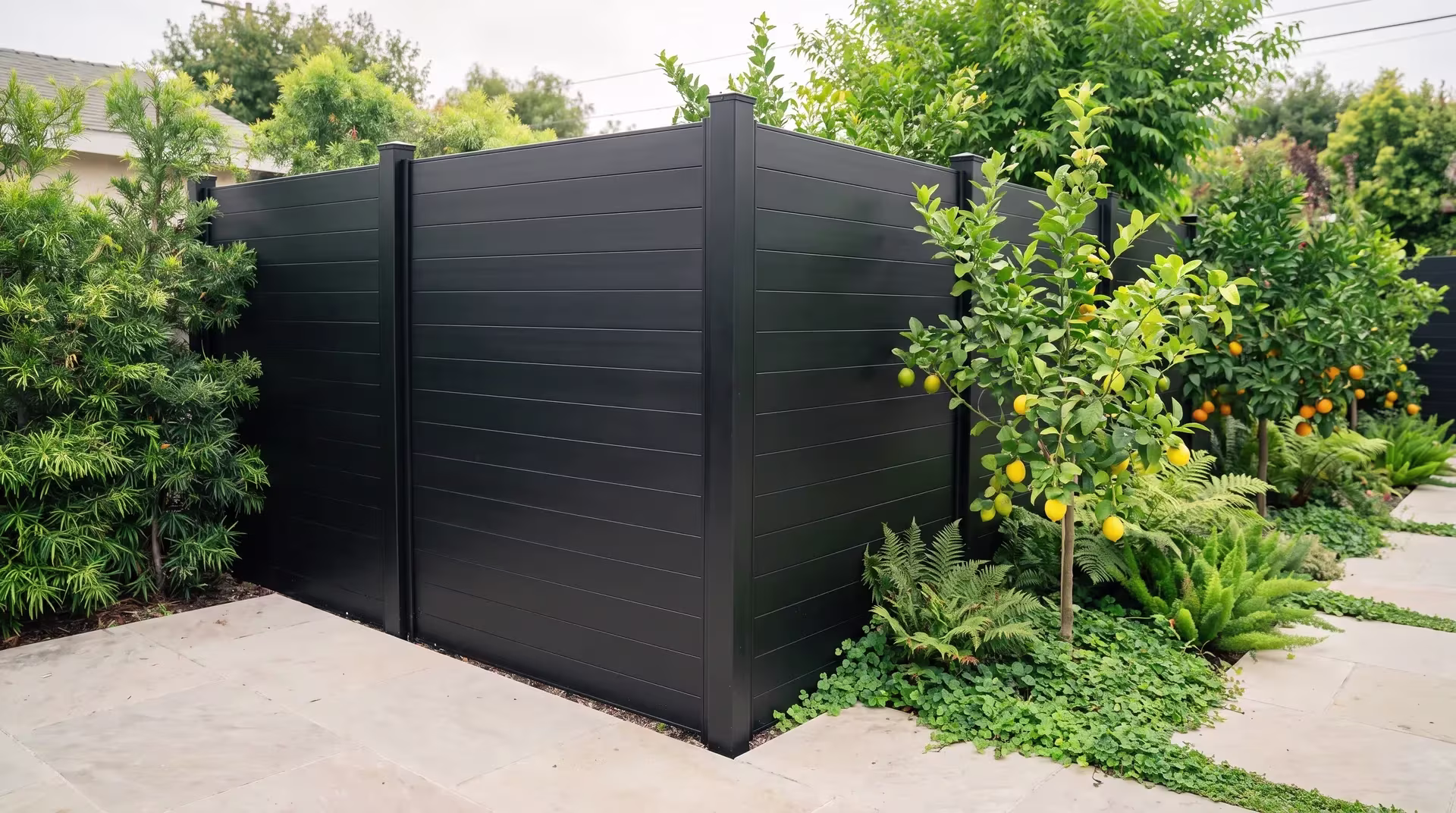 A shared corner post carries this Black aluminum privacy fence between a duplex garden and citrus trees