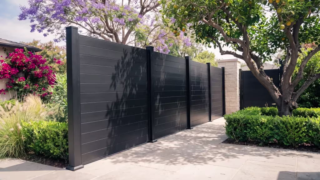 Black aluminum privacy fence angling back to a masonry column past an old citrus tree