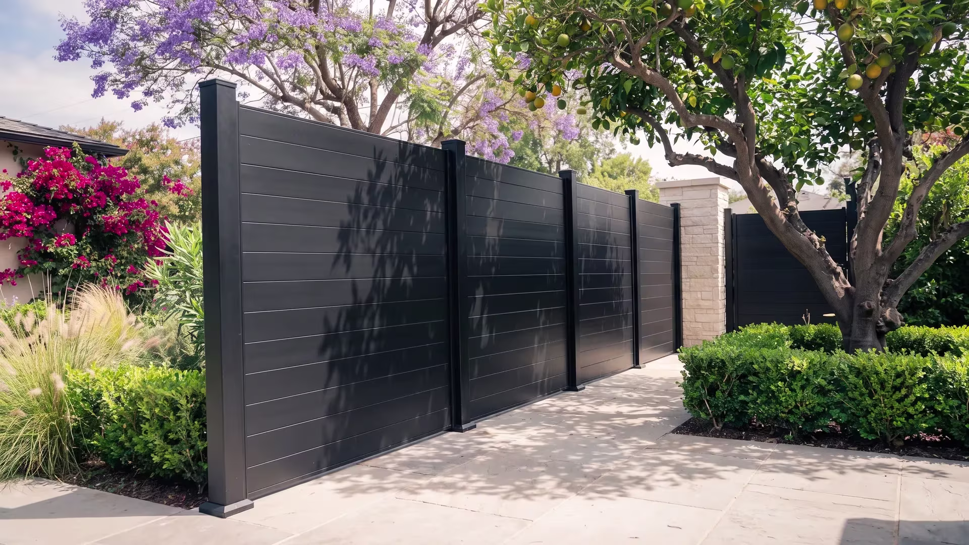 Black aluminum privacy fence angling back to a masonry column past an old citrus tree