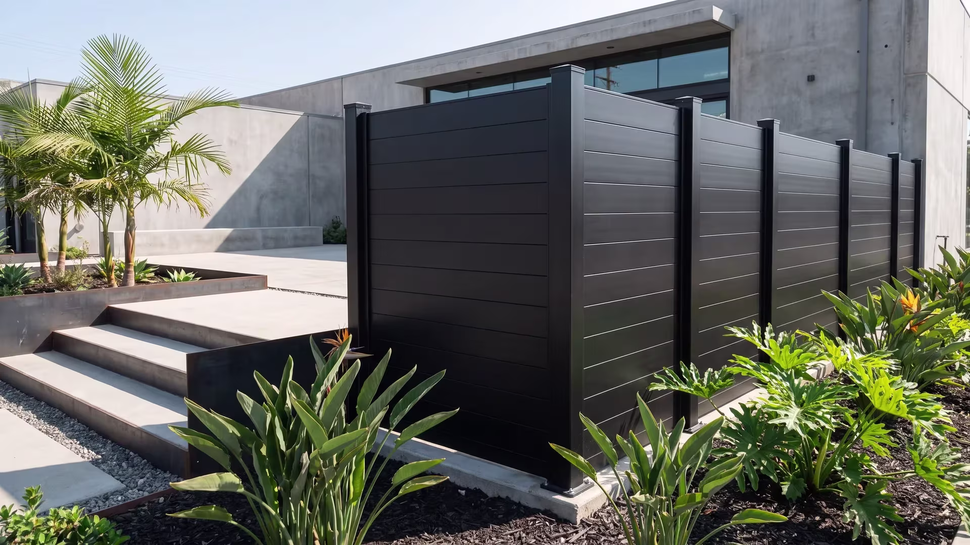 Concrete steps with dark metal edging line a courtyard screened by a Black aluminum privacy fence