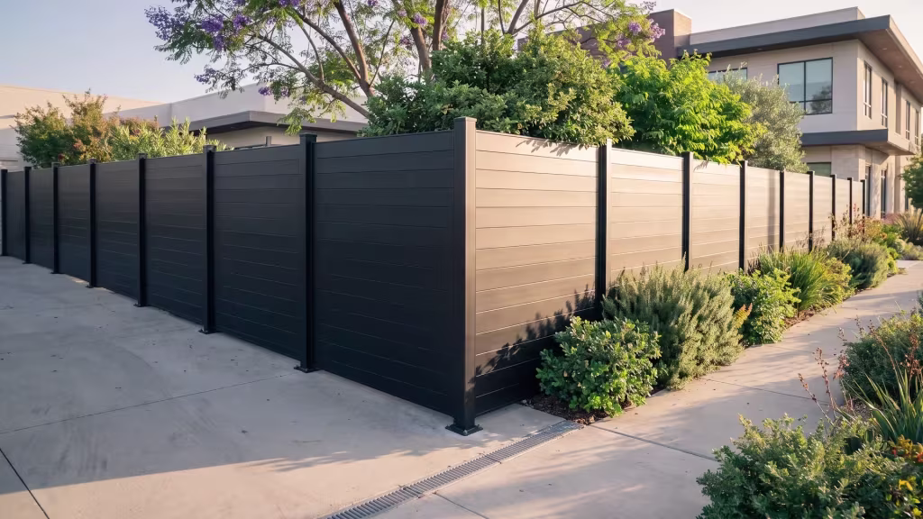 Drought-tolerant plantings and rosemary line a Black aluminum privacy fence set into the side setback