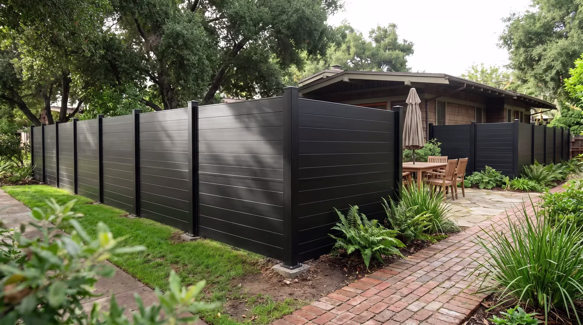 Coast live oak shade falls across this Black aluminum privacy fence beside a craftsman bungalow's brick garden path