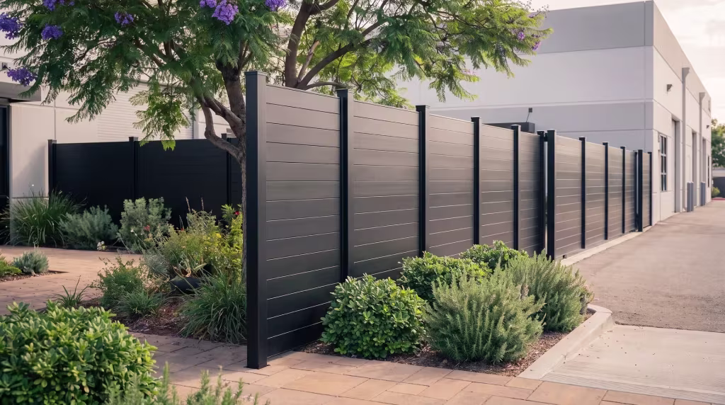 Dwarf pittosporum and architectural pavers frame this Black aluminum privacy fence screening a design studio's service lane
