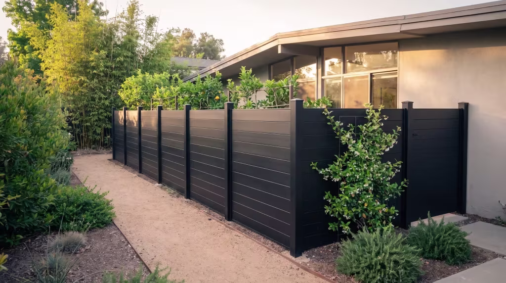 Bamboo screening and star jasmine flank this Black aluminum privacy fence ending flush against a ranch home's low roofline
