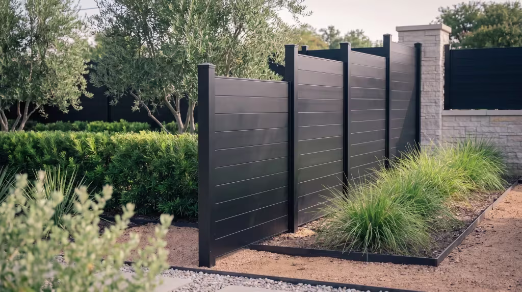 Clipped podocarpus and lomandra line this Black aluminum privacy fence receding past a coworking center's olive trees