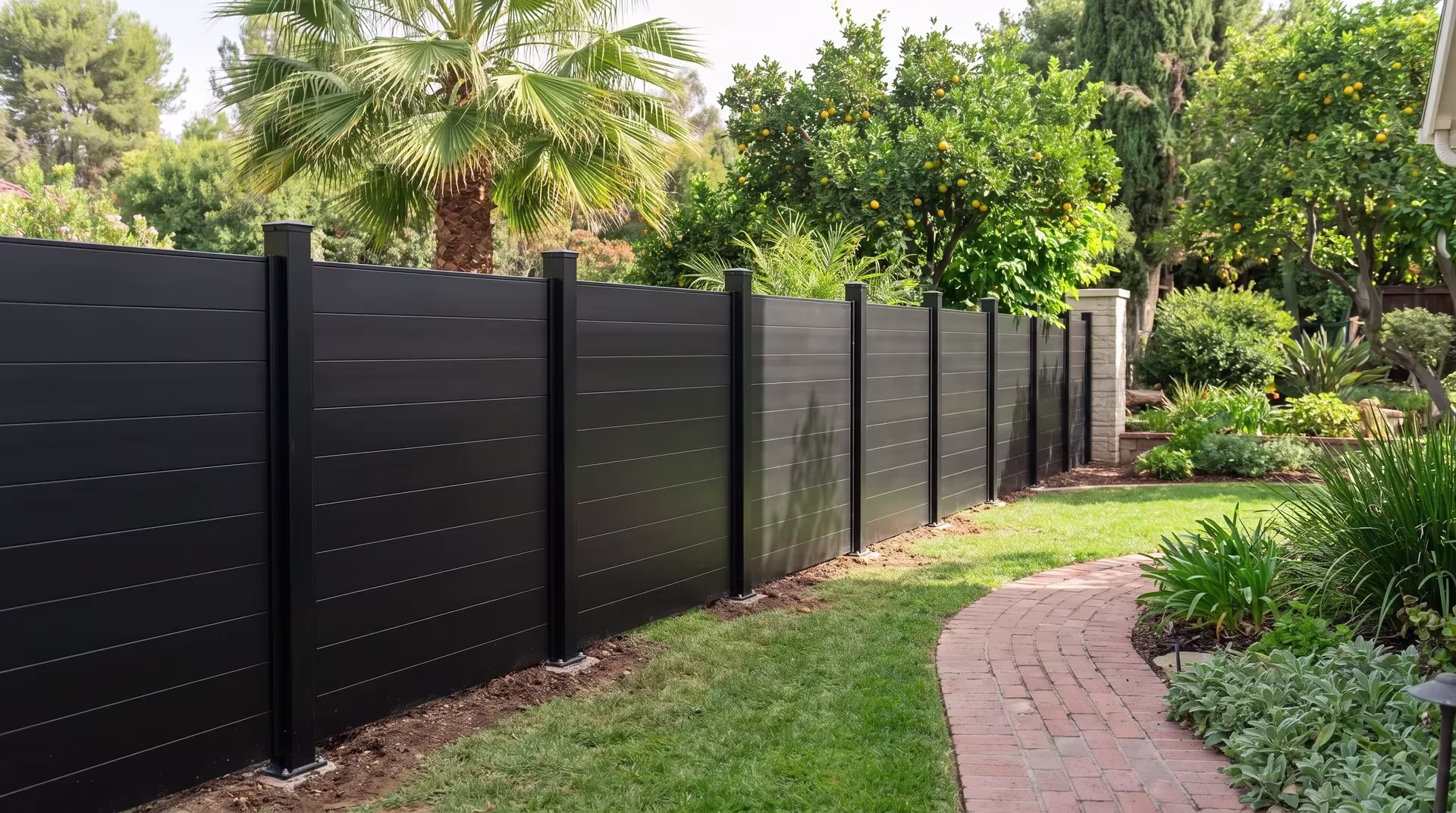 A tall fan palm rises beside this Black aluminum privacy fence bending across a suburban backyard