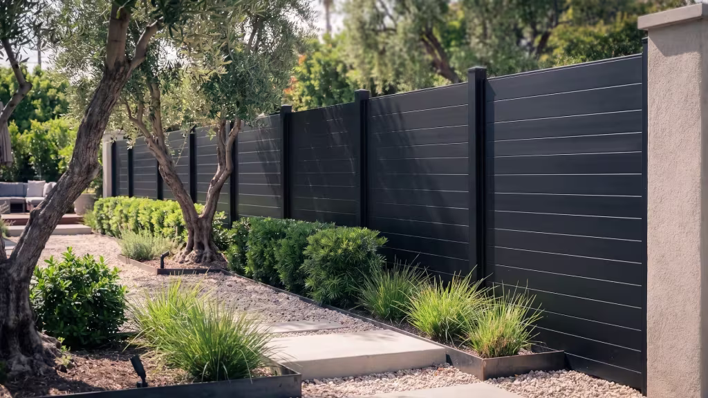 Clipped lomandra and gravel bands line the oblique run of this Black aluminum privacy fence toward a masonry column
