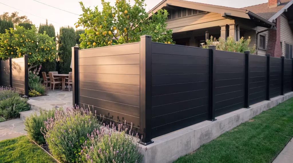 Lemon trees and lavender edge this Black aluminum privacy fence following poured-concrete steps behind a craftsman bungalow