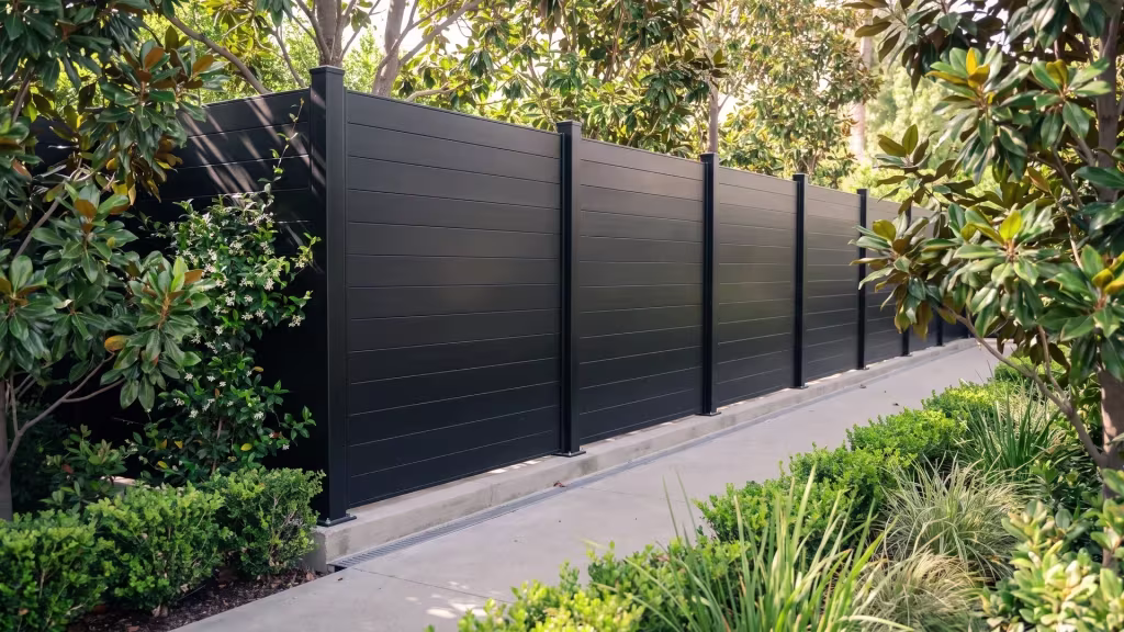 Black aluminum privacy fence running a level line past magnolia trees and star jasmine