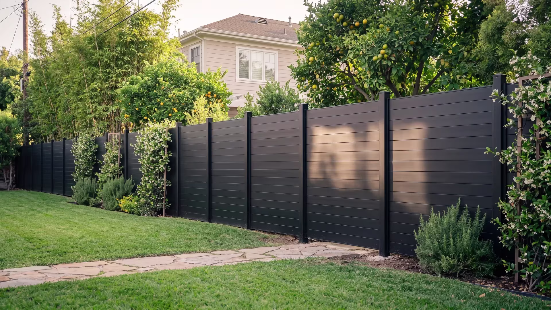 Bamboo screening and a flagstone walk border this Black aluminum privacy fence along the rear lawn