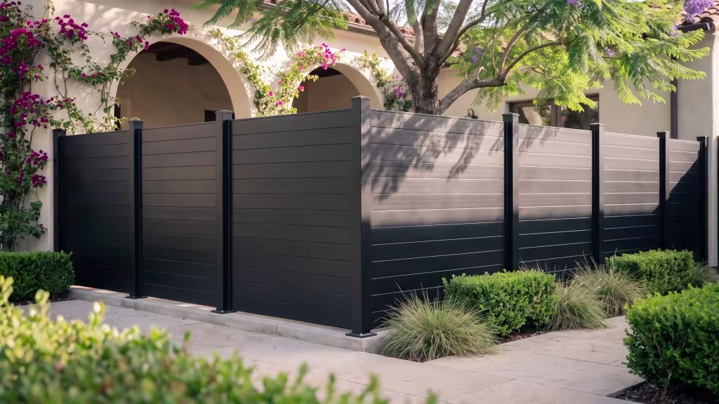 An arched stucco loggia frames the corner turn of a Black aluminum privacy fence in this courtyard garden
