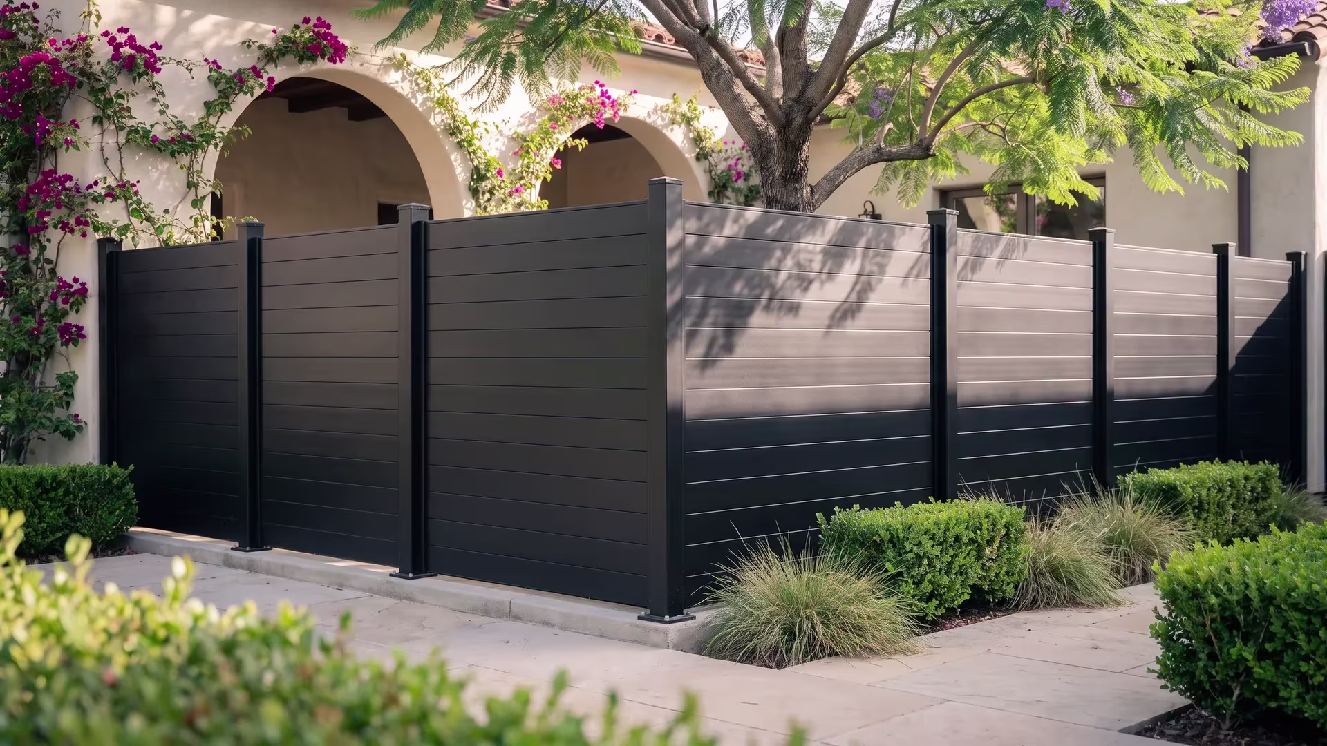 An arched stucco loggia frames the corner turn of a Black aluminum privacy fence in this courtyard garden