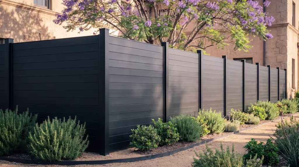 Decomposed granite and rosemary border this Black aluminum privacy fence along a historic hotel's formal garden edge