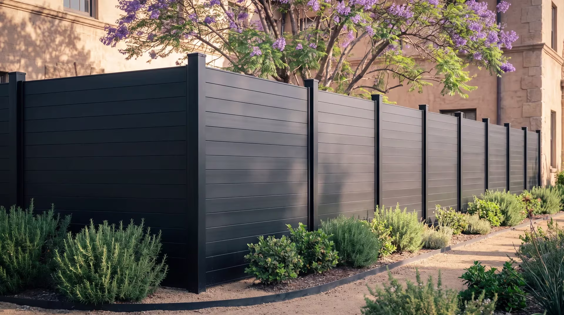 Decomposed granite and rosemary border this Black aluminum privacy fence along a historic hotel's formal garden edge