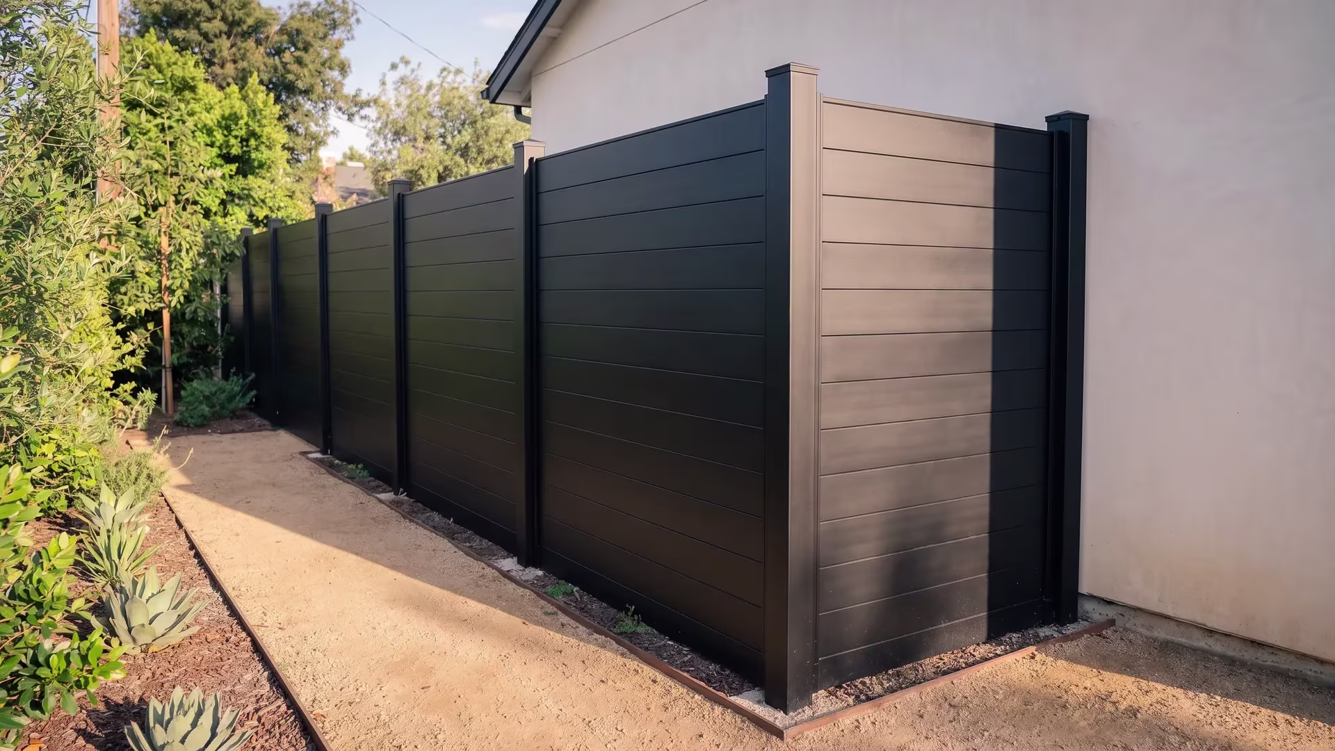 Black aluminum privacy fence closing against a rear wall beside young pepper trees and lawn