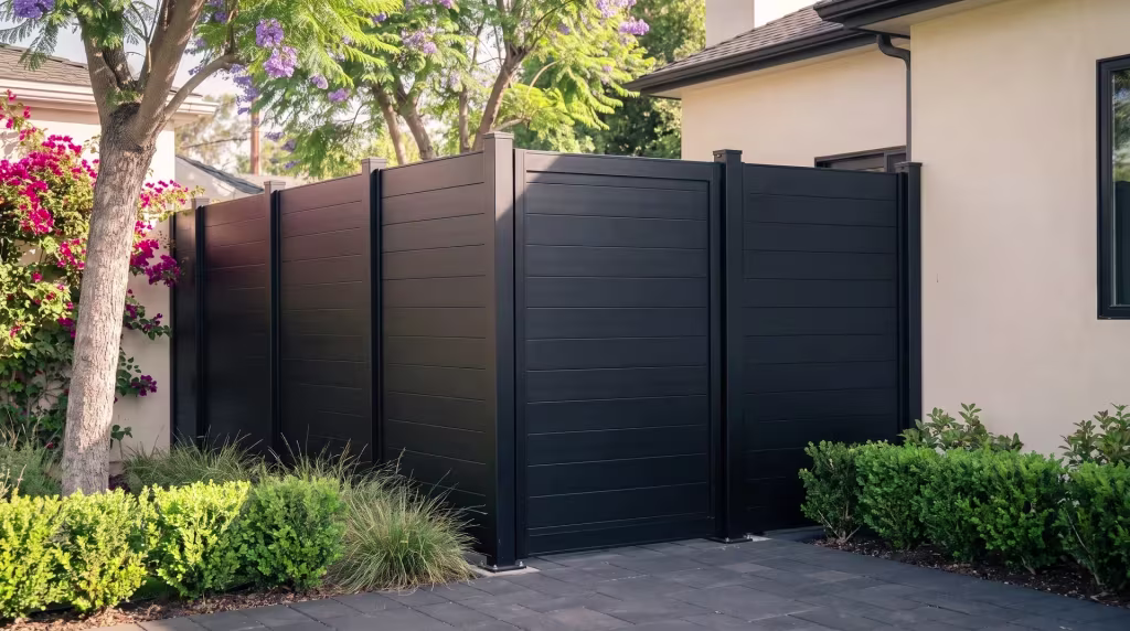 Bougainvillea and clipped boxwood soften this Black aluminum privacy fence turning across a narrow urban backyard