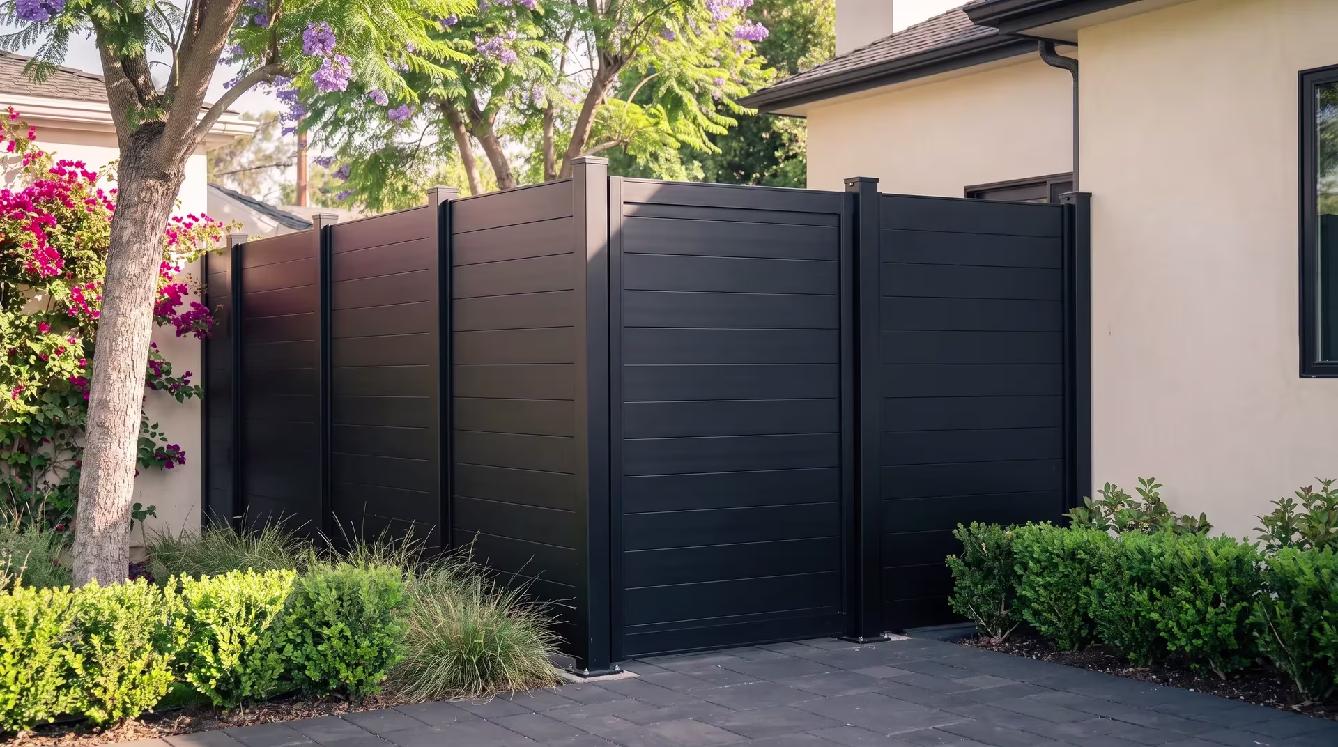Bougainvillea and clipped boxwood soften this Black aluminum privacy fence turning across a narrow urban backyard