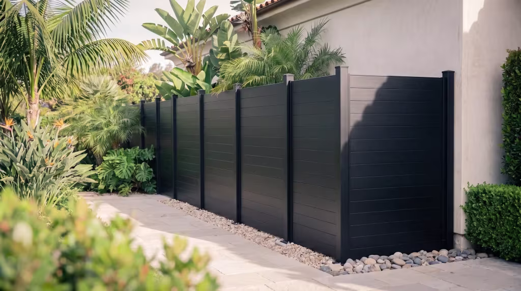 Queen palms and bird-of-paradise front this Black aluminum privacy fence where it meets a restaurant's garden wall