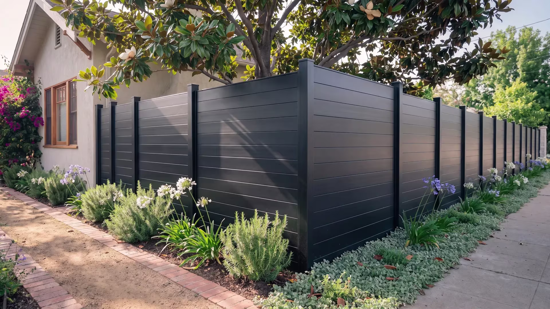 A brick-edged path threads past the Black aluminum privacy fence dividing this narrow side garden